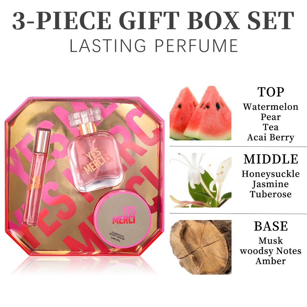 3-Piese Set Women's Eau De Parfuma Spray & Body Cream Gift Box, Long Lasting Scent, Ideal For Halloween/Christmas/ Holiday Gifts, 1.7 Fl Oz Perfume, 0.51 Fl Oz Perfume, 2.9 Oz Body Cream