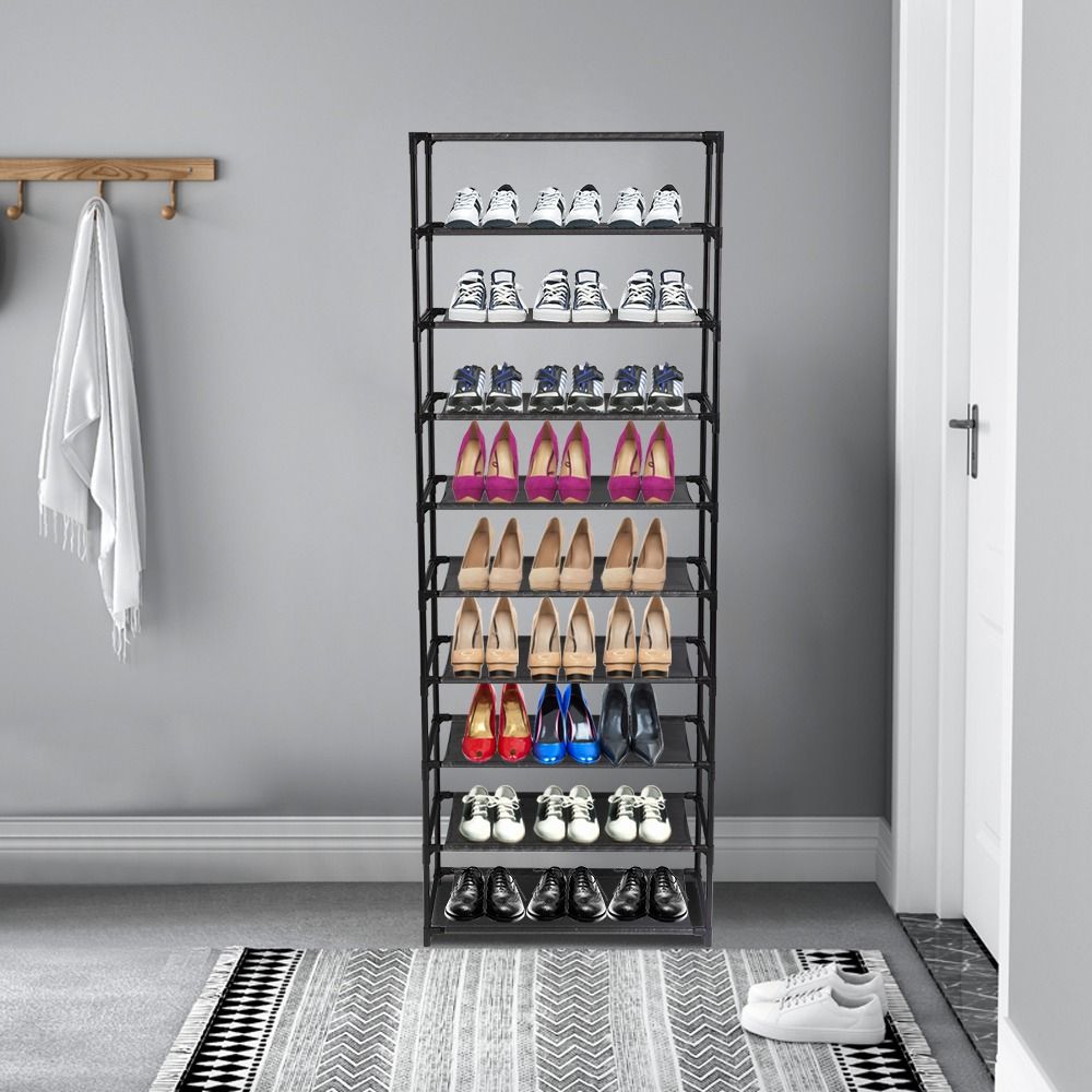 10 Tier Shoe Rack for 30 Pairs Freestanding Modular Organizer with Black Gray Tubes and Fabric Shelves Space Saving Shoe Storage for Entryway Closet Dorm Room Random New or Old Style