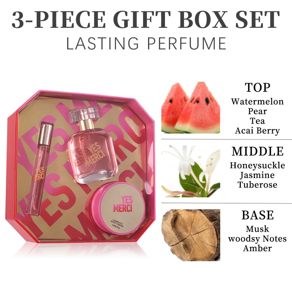 3-Piese Set Women's Eau De Parfuma Spray & Body Cream Gift Box, Long Lasting Scent, Ideal For Halloween/Christmas/ Holiday Gifts, 1.7 Fl Oz Perfume, 0.51 Fl Oz Perfume, 2.9 Oz Body Cream