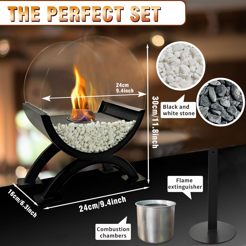 Round Glass Large Tabletop Fireplace 12.5