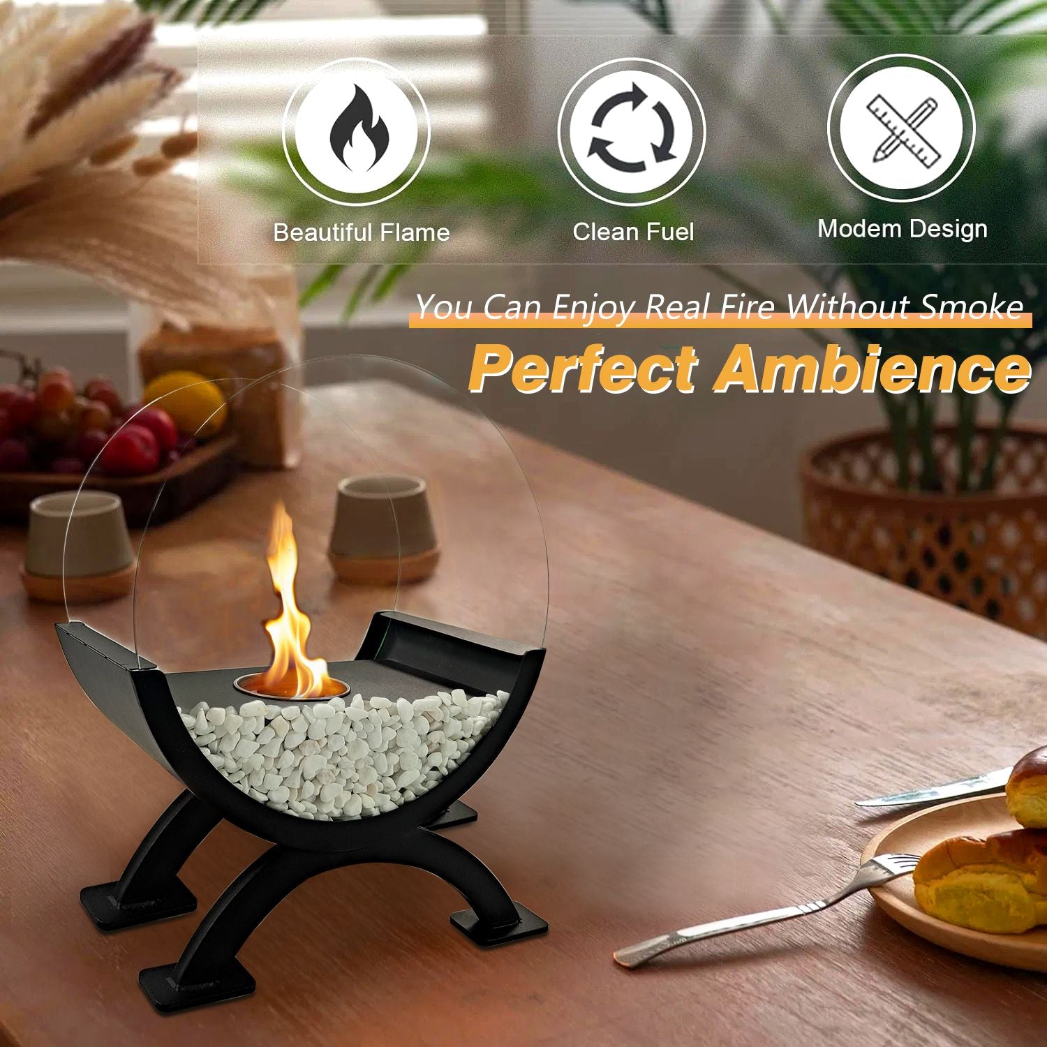 Round Glass Large Tabletop Fireplace 12.5